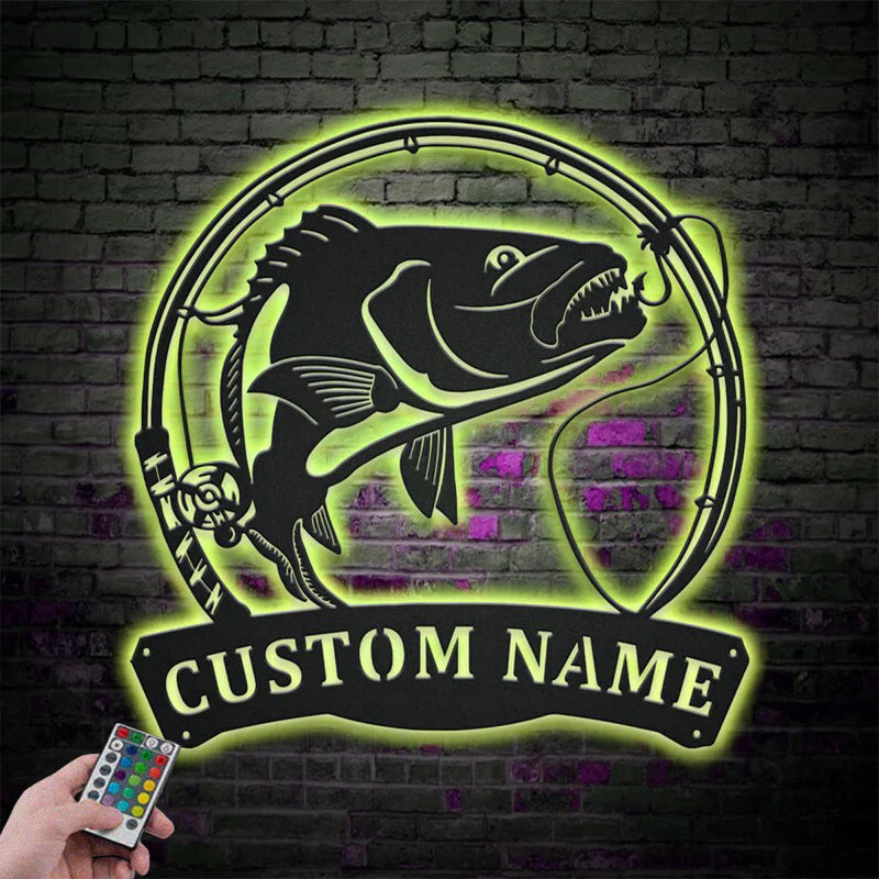 Custom Name Snapper Fishing Fish Pole Metal Wall Signs With RGB Led Light