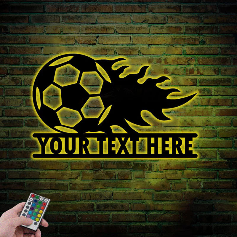 Custom Name Soccer Fire, Metal Wall Signs With RGB Led Light