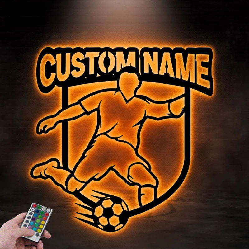 Custom Name Soccer Player Metal Wall Signs With RGB Led Light
