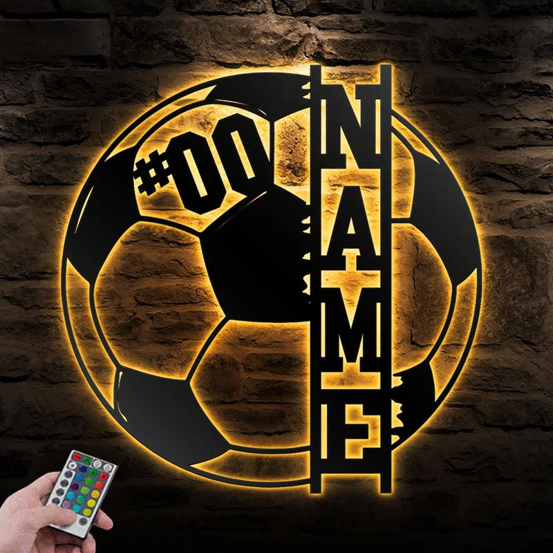 Custom Name Soccer Wall Decor, Metal Wall Signs With RGB Led Light
