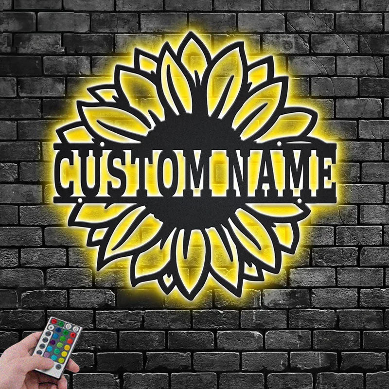 Custom Name Sunflower Name Sign Decoration For Room, Metal Wall Signs With RGB Led Light
