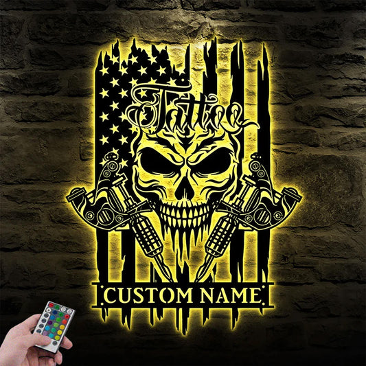 Custom Name Tattoo Machine America Flag Metal Wall Art With RGB Led Light