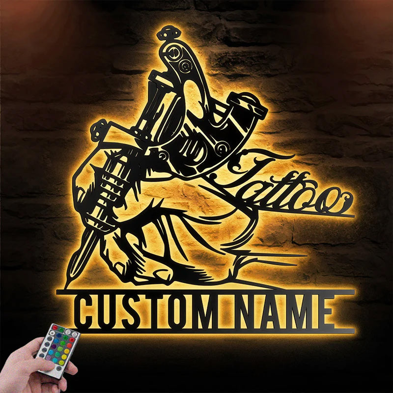 Custom Name Tattoo Machine Metal Wall Art Metal Wall Signs With RGB Led Light