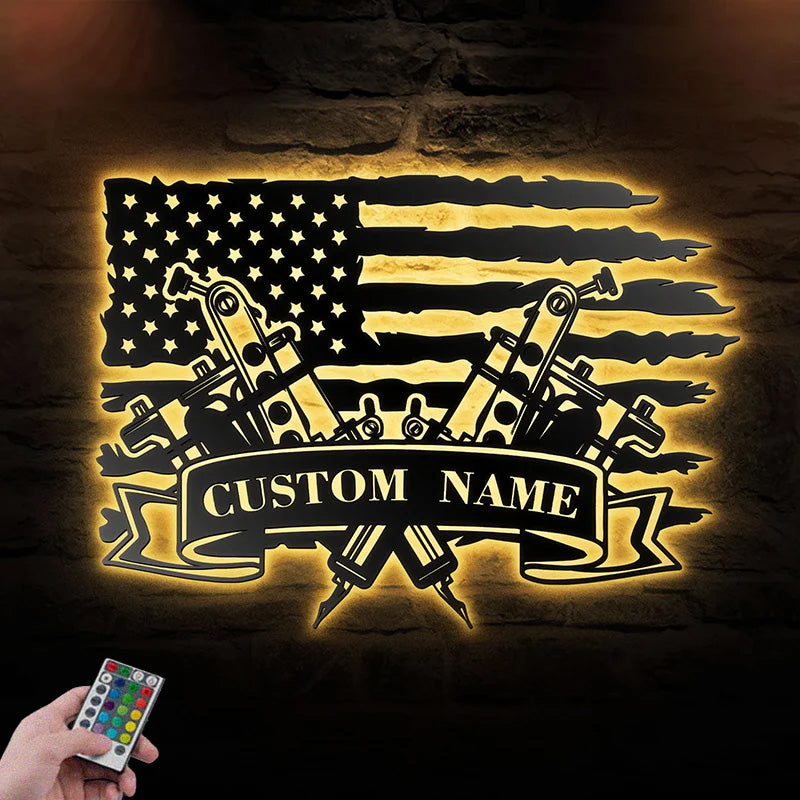 Custom Name Tattoo Machine Metal Wall Art With Led Light