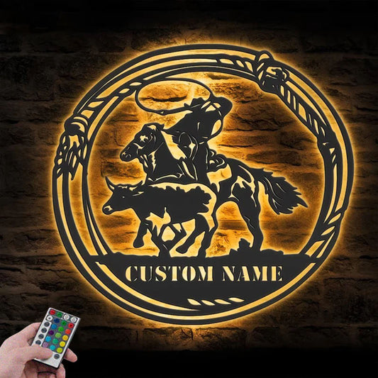 Custom Name Tie Down Roper Name Sign Home Decor, Metal Wall Signs With RGB Led Light