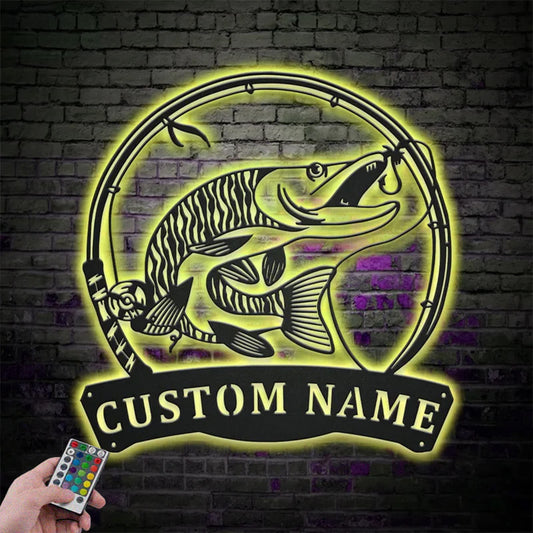 Custom Name Tiger Muskellunge Fishing Fish Pole Metal Wall Signs With RGB Led Light
