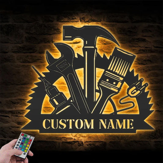 Custom Name Tools Shop Name Sign Home Decor Mechanic Tools Metal Wall Signs With RGB Led Light