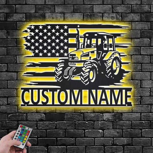 Custom Name Tractor Farm Name Sign Decoration For Room, Metal Wall Signs With RGB Led Light