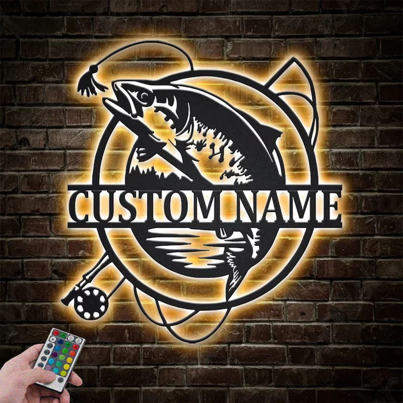 Custom Name Trout Fishing Fish Pole Monogram Metal Wall Signs With RGB Led Light