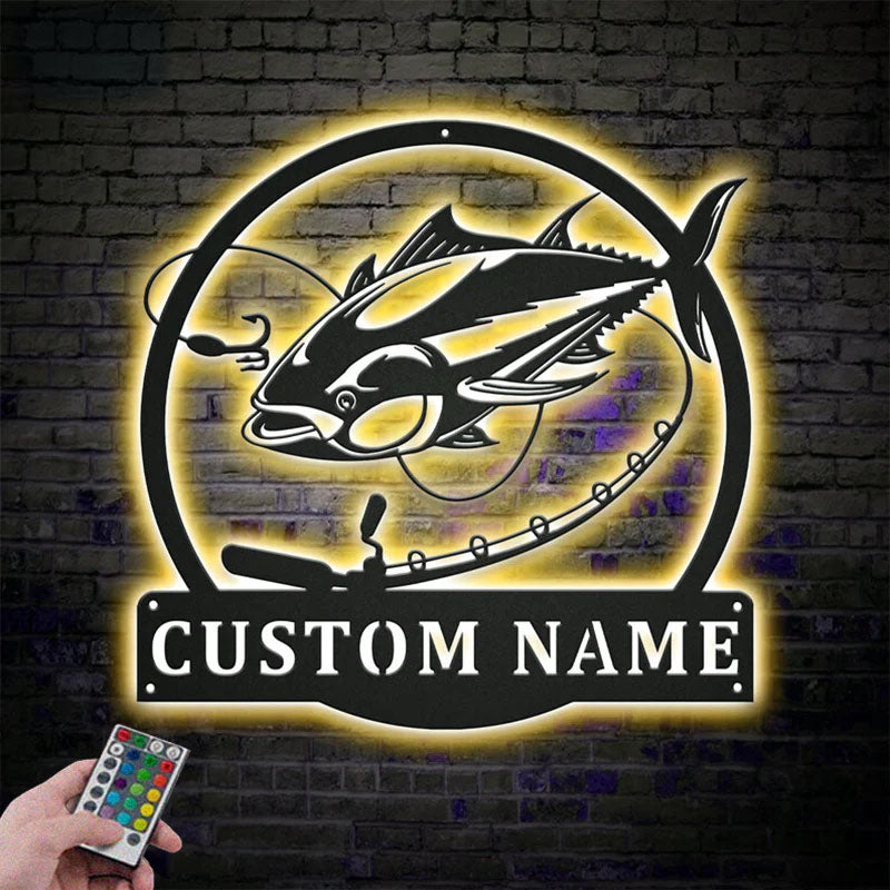 Custom Name Tuna Fishing Fish Pole Metal Wall Signs With RGB Led Light