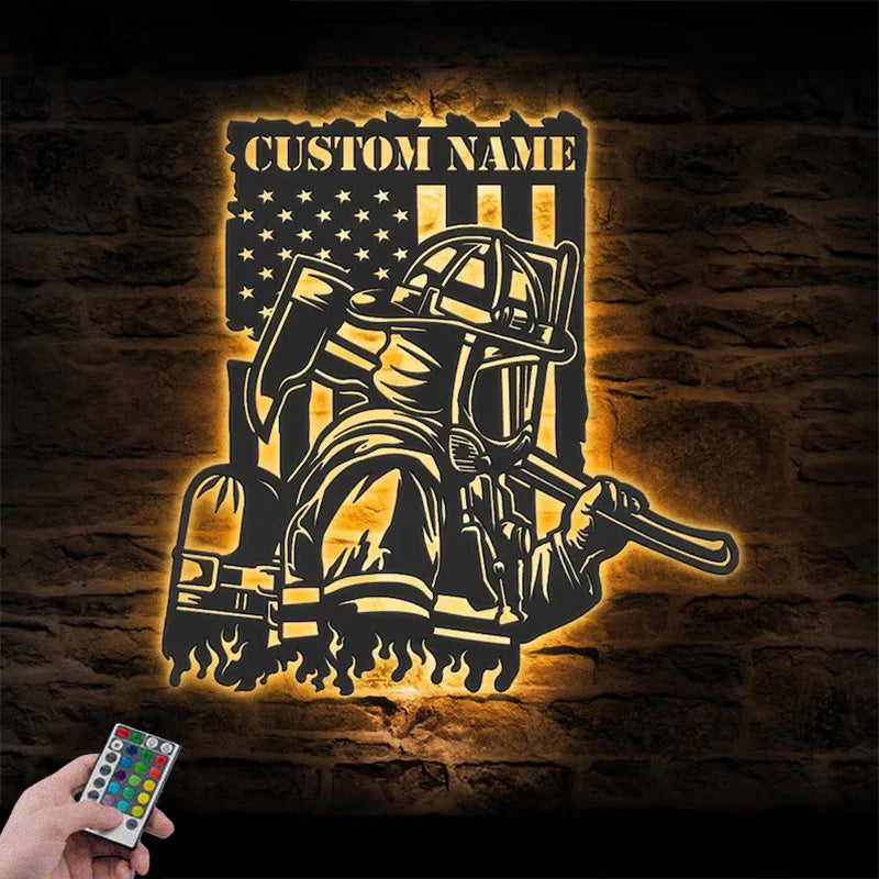 Custom Name USA Fireman Name Sign Home Decor Metal Wall Signs With RGB Led Light