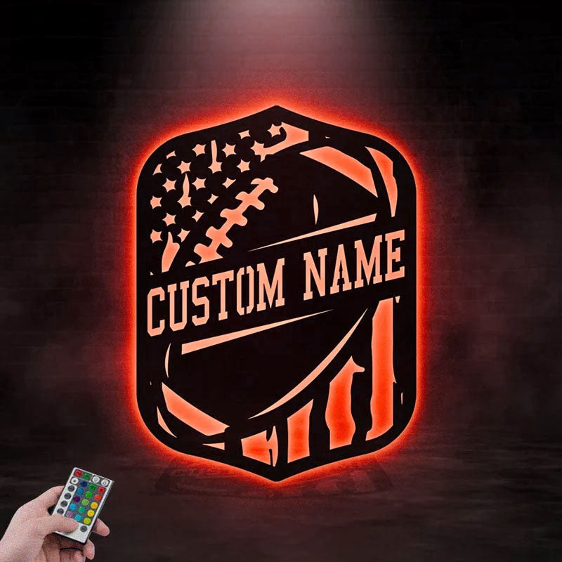 Custom Name USA Flag Football Sign, Metal Wall Signs With RGB Led Light