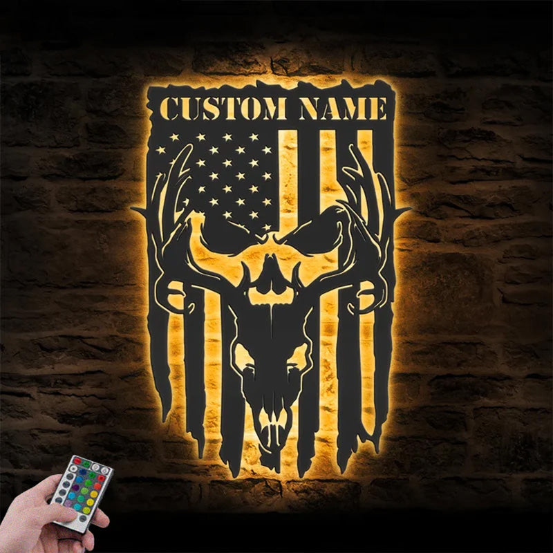 Custom Name US Buck Head Skull Hunter Metal Wall Signs With RGB Led Light