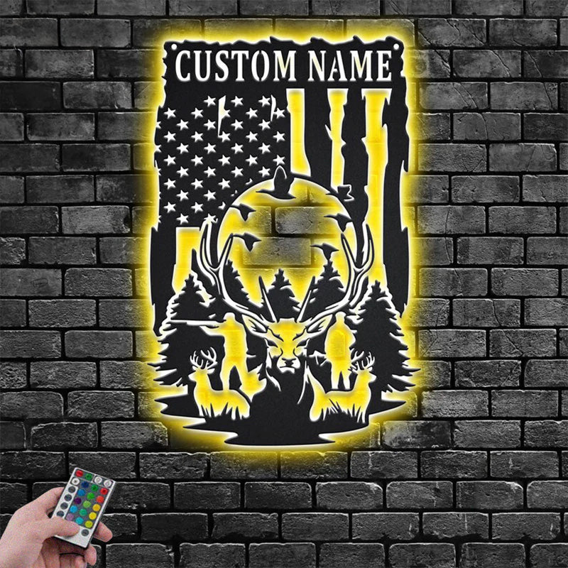 Custom Name US Deer Hunting Metal Wall Signs With RGB Led Light
