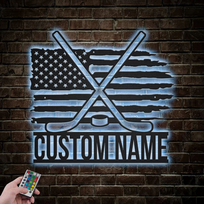 Custom Name US Flag Ice Hockey, Metal Wall Signs With RGB Led Light