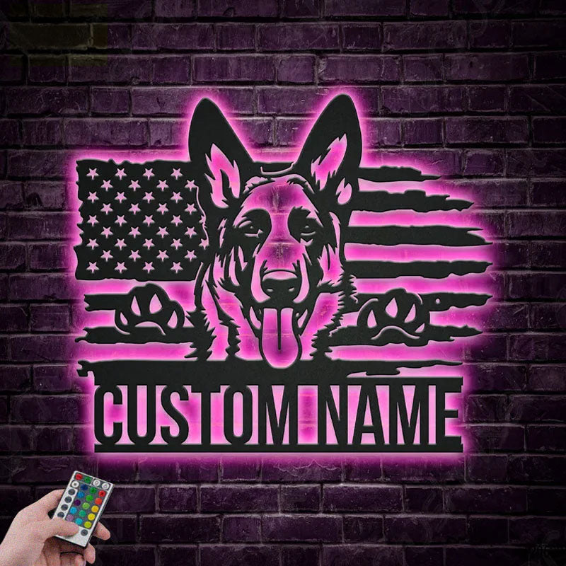 Custom Name US German Shepherd Dog, Metal Wall Signs With RGB Led Light