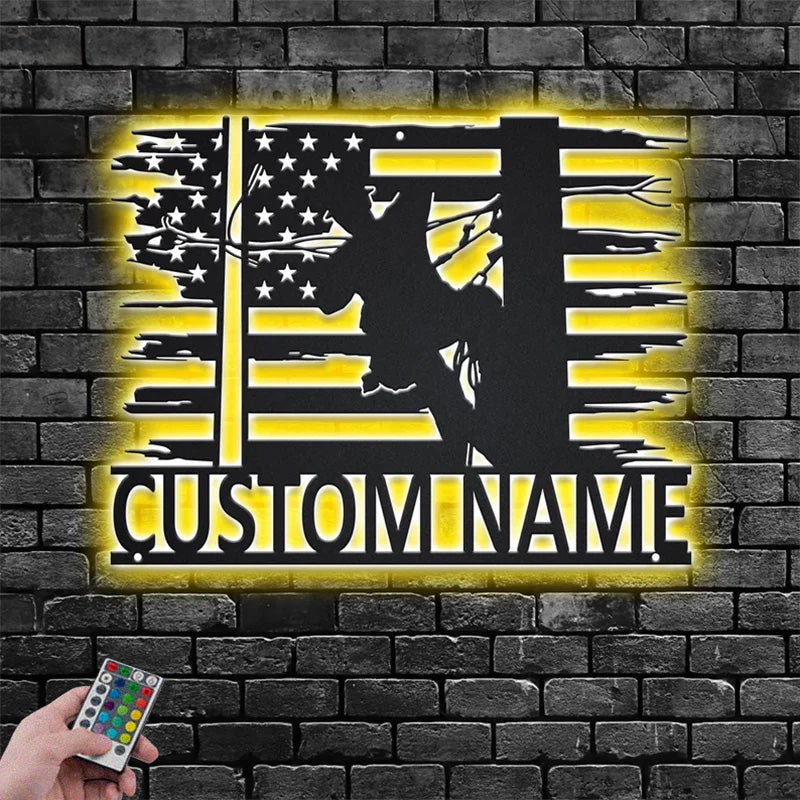 Custom Name US Lineman Metal Wall Signs With RGB Led Light