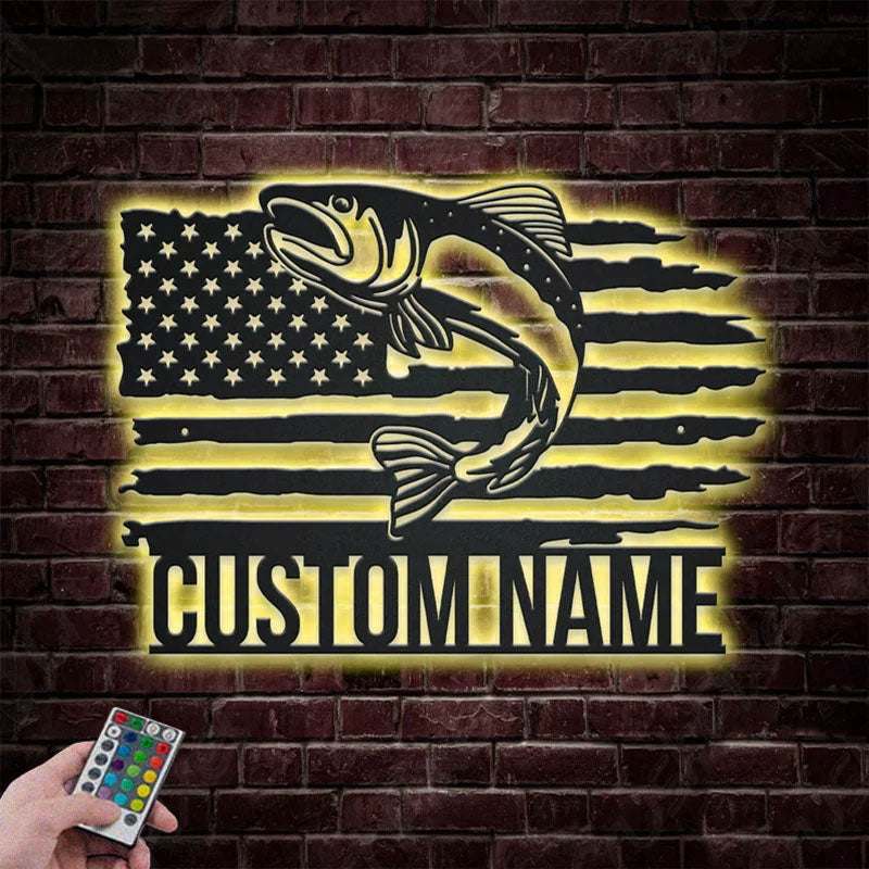 Custom Name US Trout Fishing Metal Wall Signs With RGB Led Light