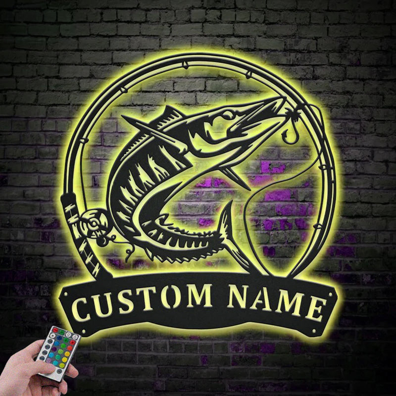 Custom Name Wahoo Fishing Fish Pole Metal Wall Signs With RGB Led Light