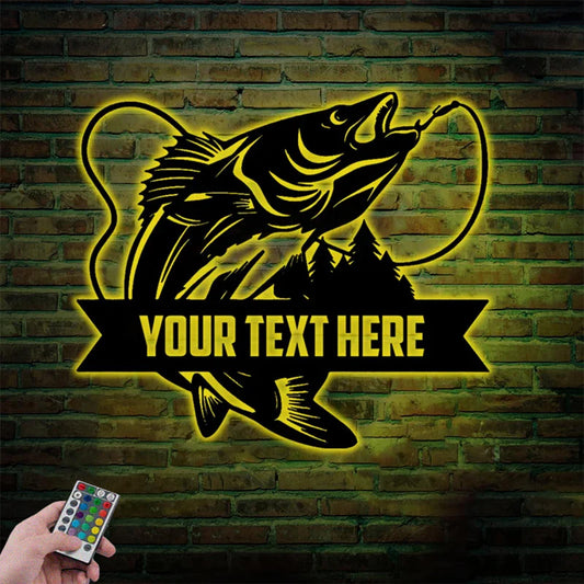 Custom Name Walleye Fishing Metal Wall Signs With RGB Led Light