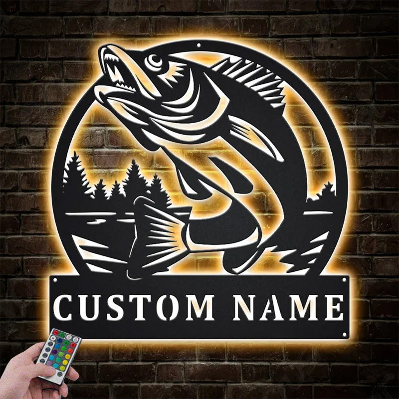 Custom Name Walleye Fishing Metal Wall Signs With RGB Led Light