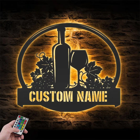 Custom Name Wine Shop Metal Wall Signs With RGB Led Light