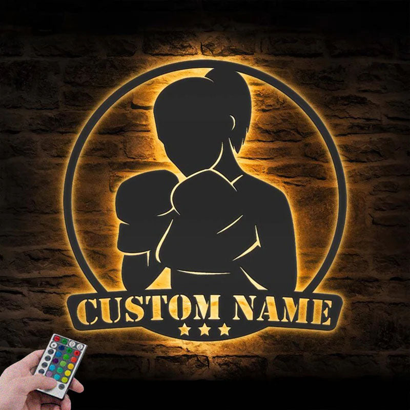 Custom Name Woman Boxer Female Name Sign Home Decor Gym Room, Metal Wall Signs With RGB Led Light