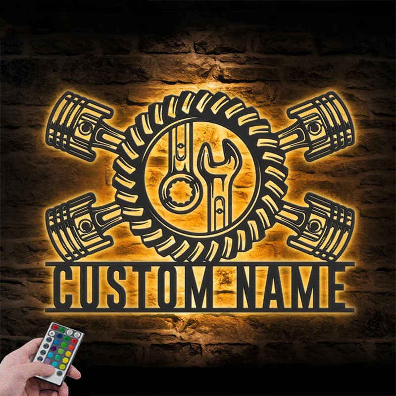 Custom Name Workshop Name Sign Home Decor Car Mechanic Repair Decoration Metal Wall Signs With RGB Led Light