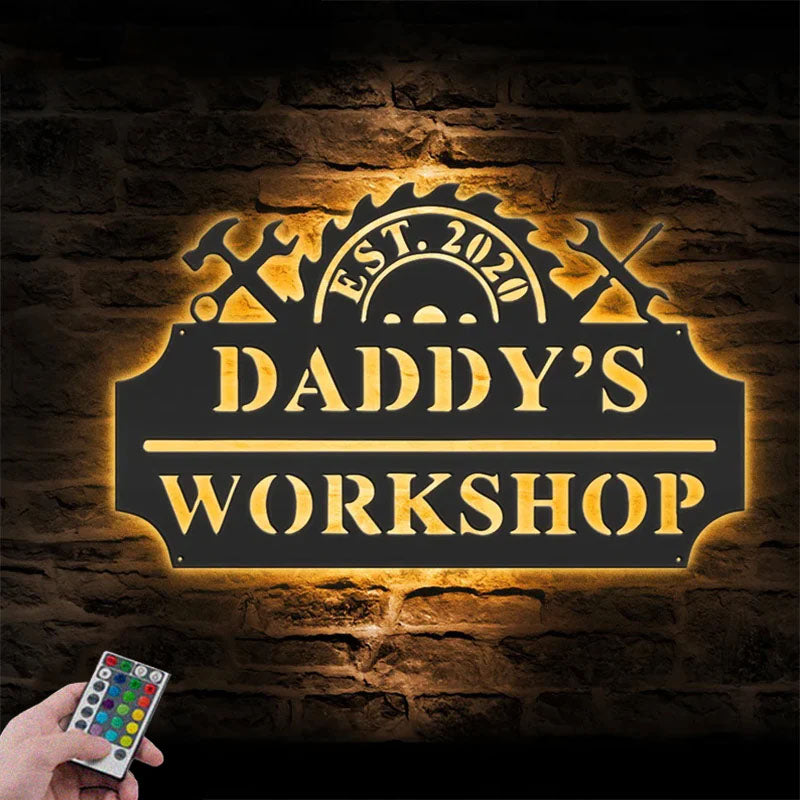 Custom Name Workshop Name Sign Home Decor Mechanic Repair Metal Wall Signs With RGB Led Light