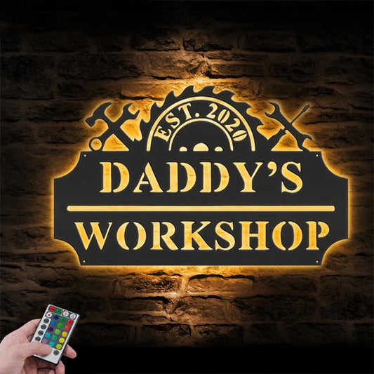 Custom Name Workshop Name Sign Home Decor Mechanic Repair Metal Wall Signs With RGB Led Light