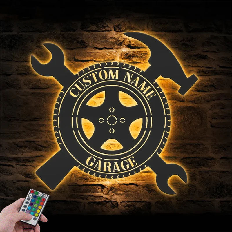 Custom Name Workshop Name Sign Home Decor Mechanic Repair Metal Wall Signs With RGB Led Light