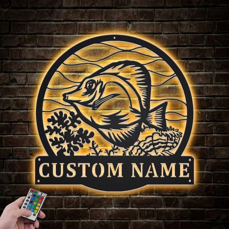 Custom Name Yellow Tang Fish Metal Wall Signs With RGB Led Light