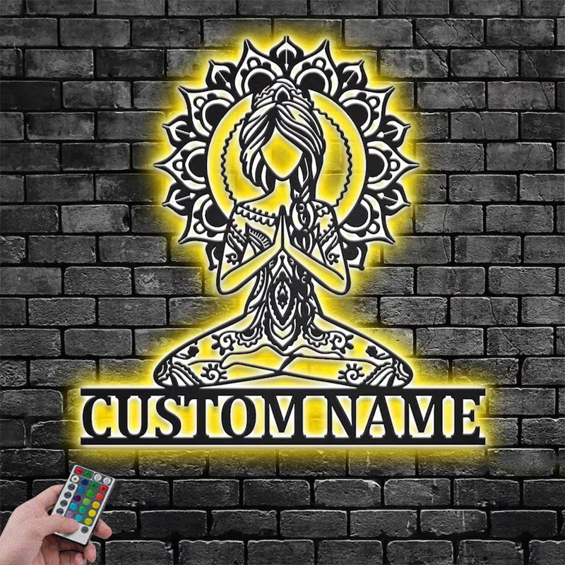 Custom Name Yoga Girl Mandala Metal Wall Signs With RGB Led Light