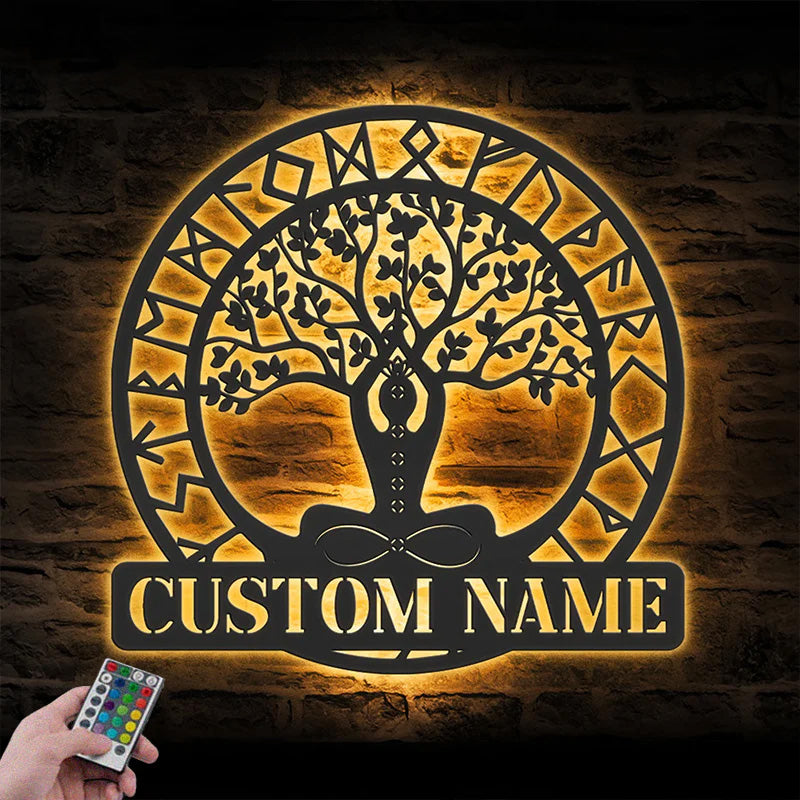 Custom Name Yoga Tree Of Life Metal Sign Wall Art With RGB Led Lights