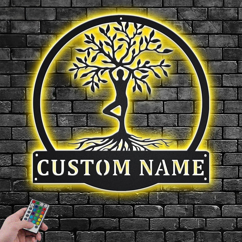 Custom Name Yoga Tree Of Life Metal Wall Art With LED Light