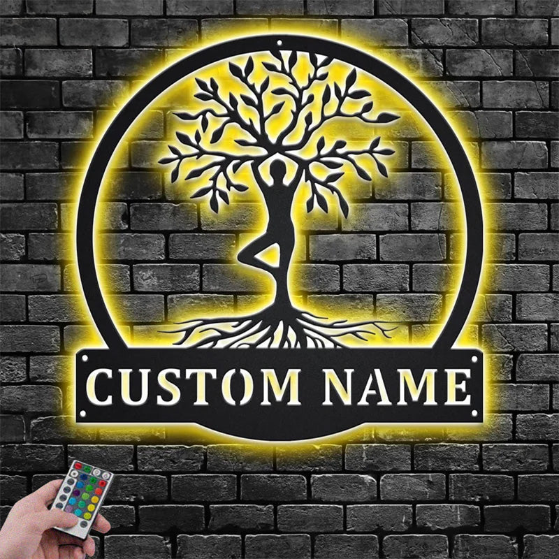 Custom Name Yoga Tree Of Life Metal Wall Signs With RGB Led Light
