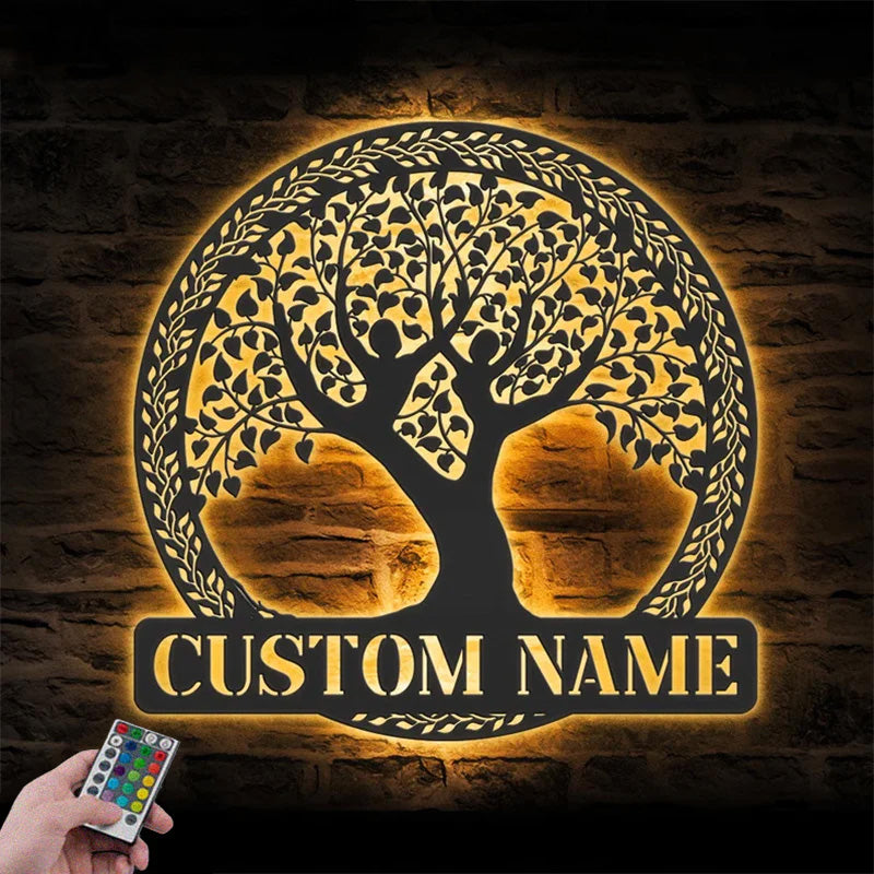 Custom Name Yoga Tree Of Life Metal Wall Signs With RGB Led Light