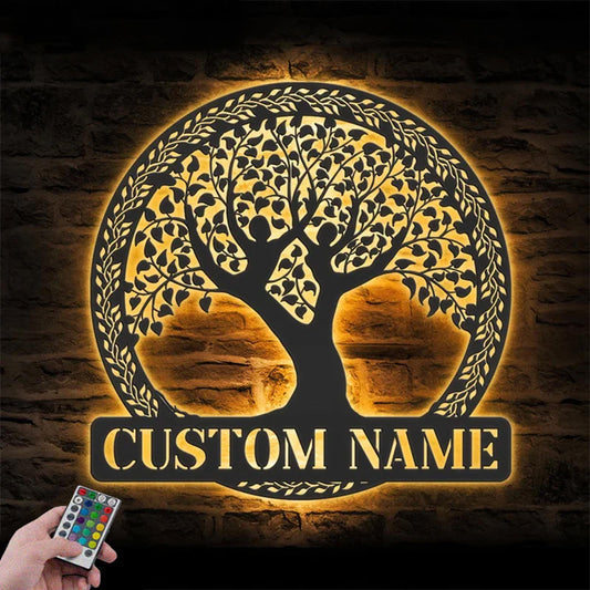 Custom Name Yoga Tree Of Life Metal Wall Signs With RGB Led Light