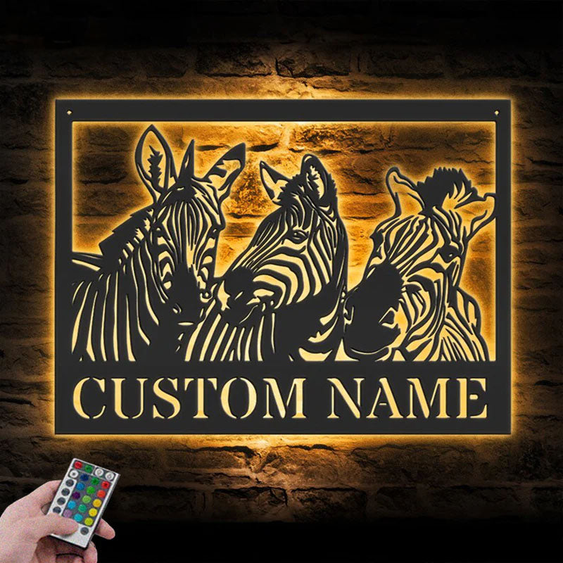 Custom Name Zebra Lover Name Sign Home Decor Metal Wall Signs With RGB Led Light