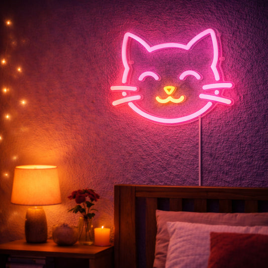 Cute Cat Face Neon Sign – Pink LED Wall Light for Bedroom & Cozy Spaces