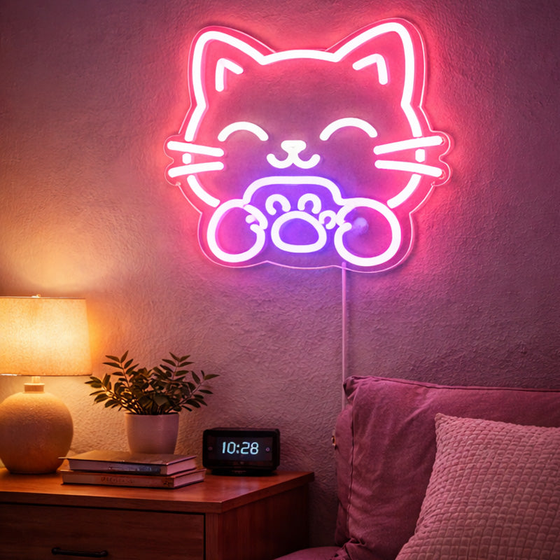 Cute Cat Paw Neon Sign – Pink & Purple LED Wall Light for Bedroom and Cozy Decor