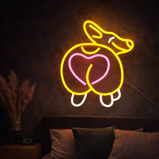 Cute Corgi Butt Neon Sign with Heart – Yellow & Pink LED Wall Light