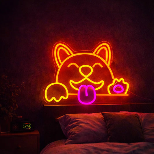 Cute Dog Neon Sign – Playful Orange & Pink LED Wall Light