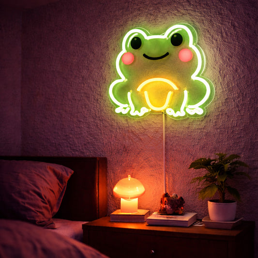 Cute Frog Neon Sign – Green & Yellow LED Wall Light for Kids’ Room
