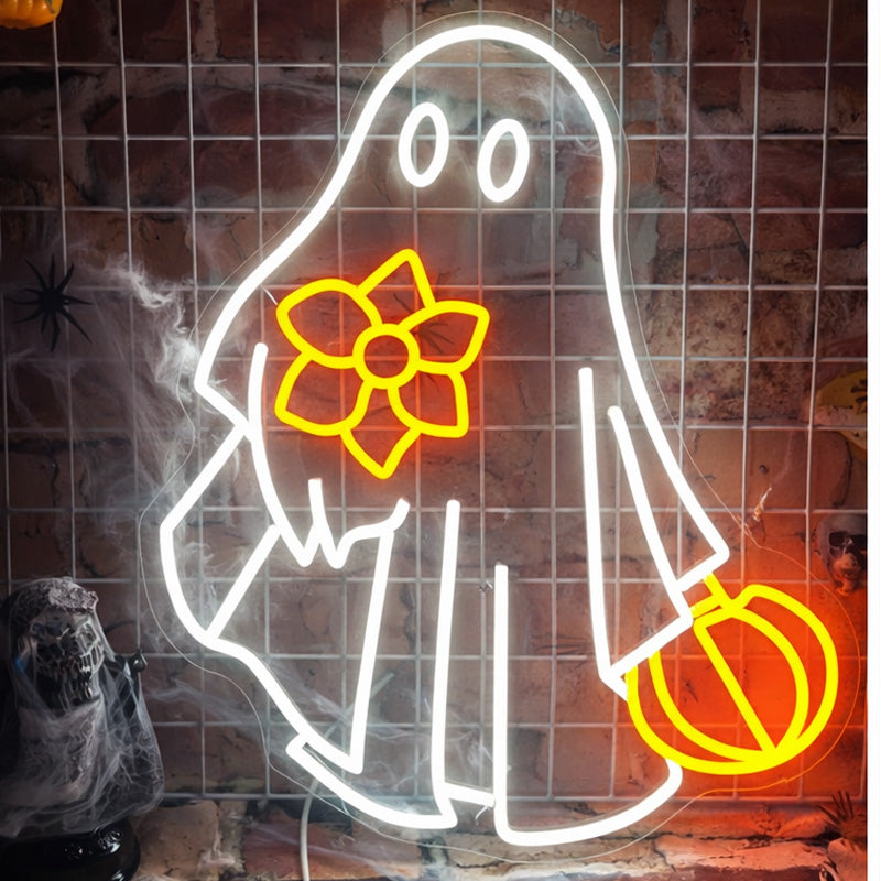 Cute Halloween Ghost Neon Sign with Pumpkin & Flower – Warm White & Orange LED Wall Light