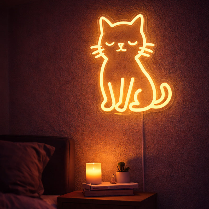 Cute Sleeping Cat Neon Wall Light – Warm Yellow LED Kitty Sign