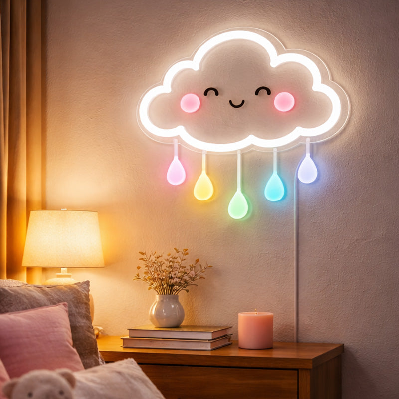 Cute Smiling Cloud Neon Sign with Rainbow Raindrops – LED Wall Light for Kids Bedroom & Nursery