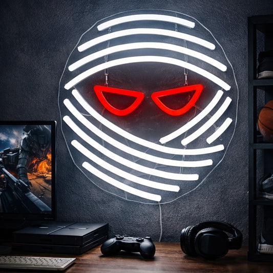 Cyber Mask Neon Sign – White LED Lines with Red Eyes Wall Light