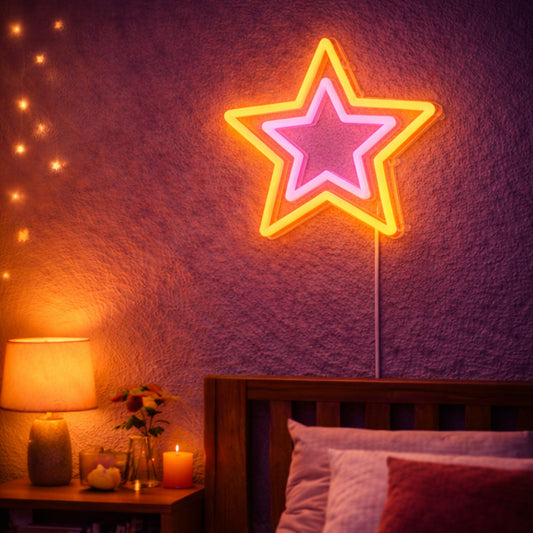 Double Star Neon Sign – Warm Yellow & Pink LED Wall Light for Cozy Bedroom Decor