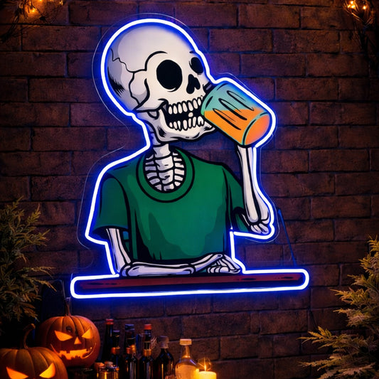 Drinking Skeleton Neon Sign – Funny Halloween LED Wall Decor